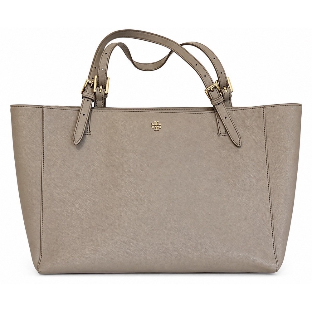 Tory Burch Emerson Buckle Tote Bag Silver Gray Hardware Logo Saffiano Leather